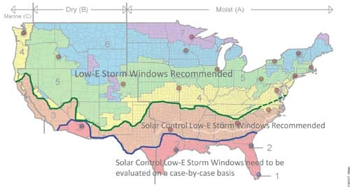 Historical climate-zone map showing low-E storms in colder regions and solar-control low-E in warmer regions